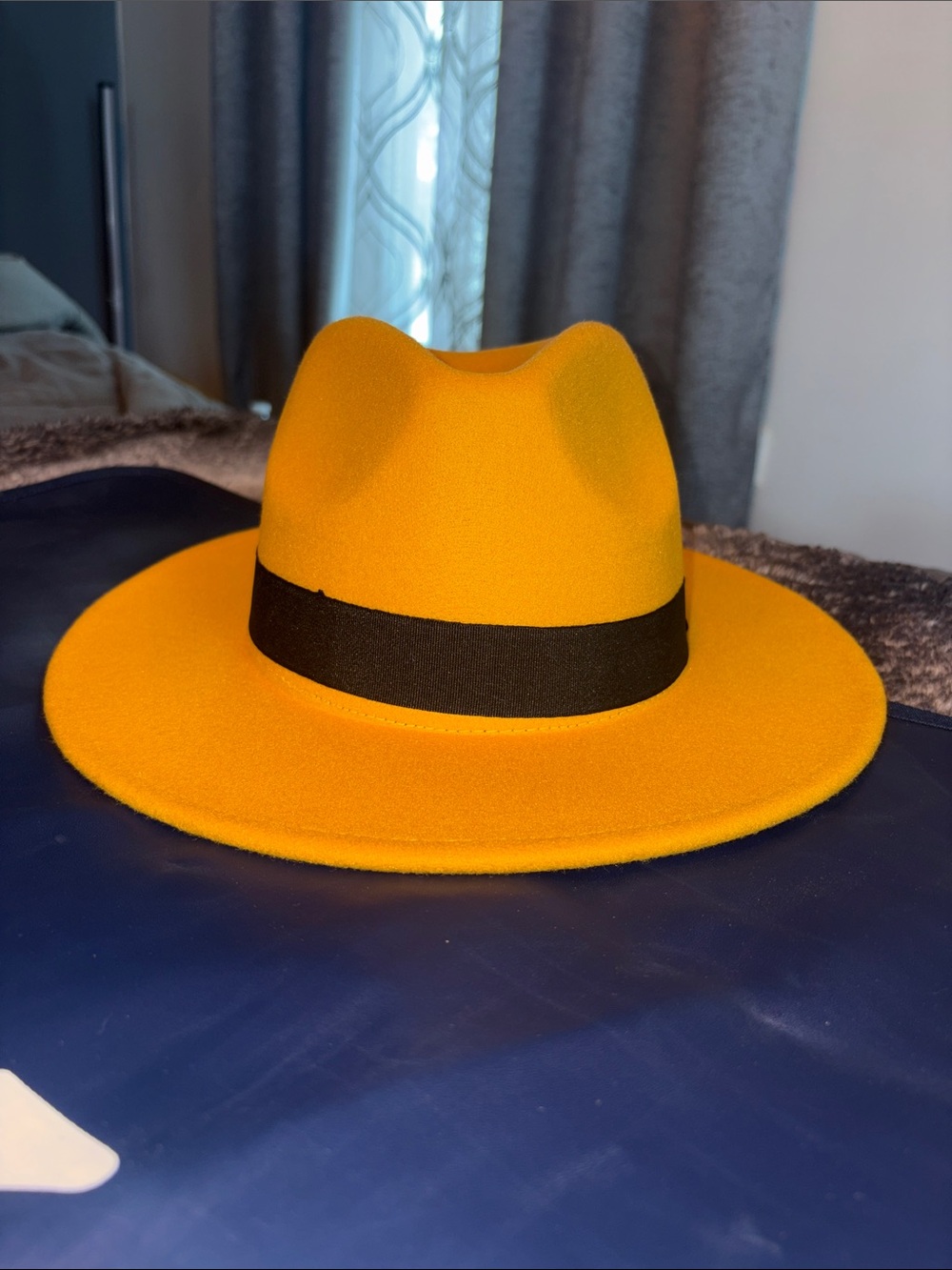 Wide-Brim Yellow Fedora Hat with Black Band